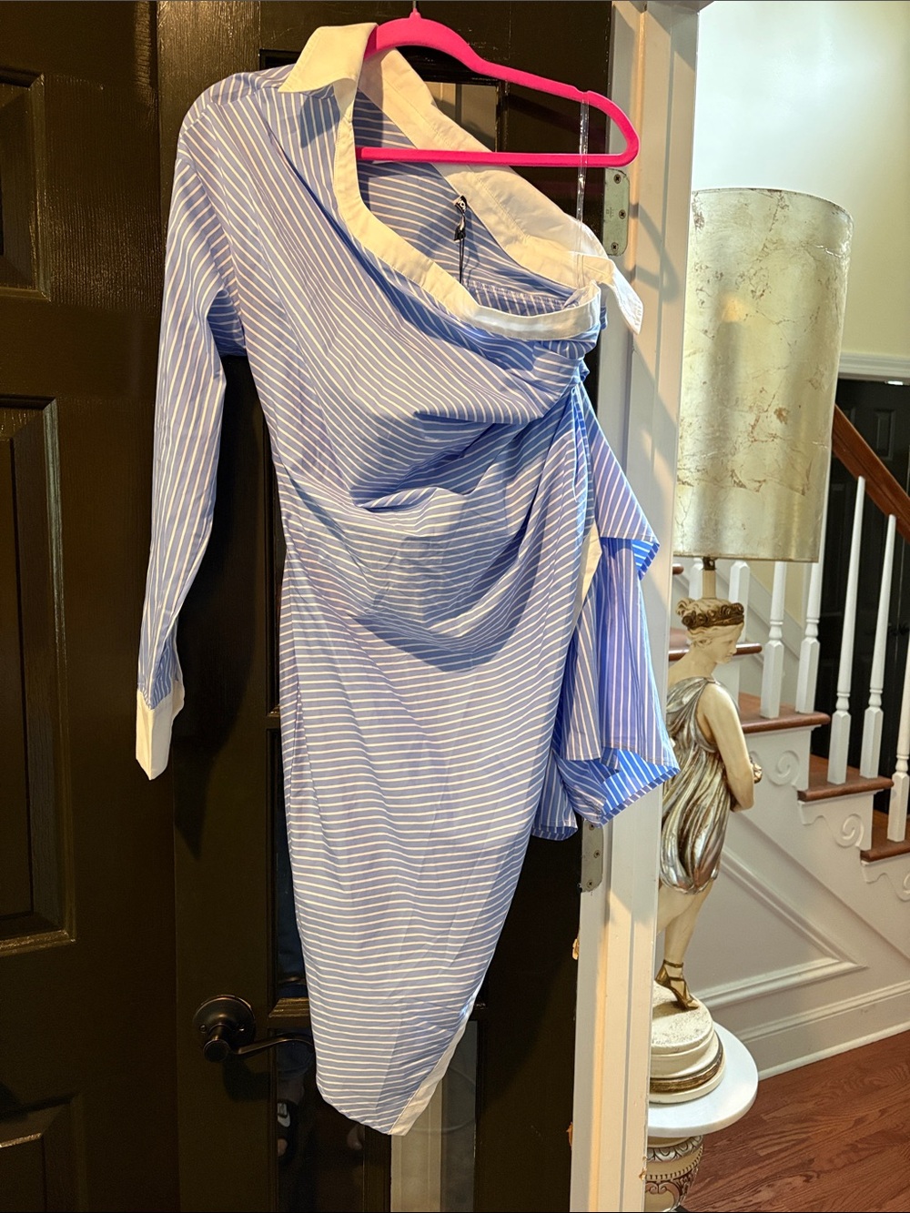 Fashion Nova Blue and White Striped One-Shoulder Shirt Dress